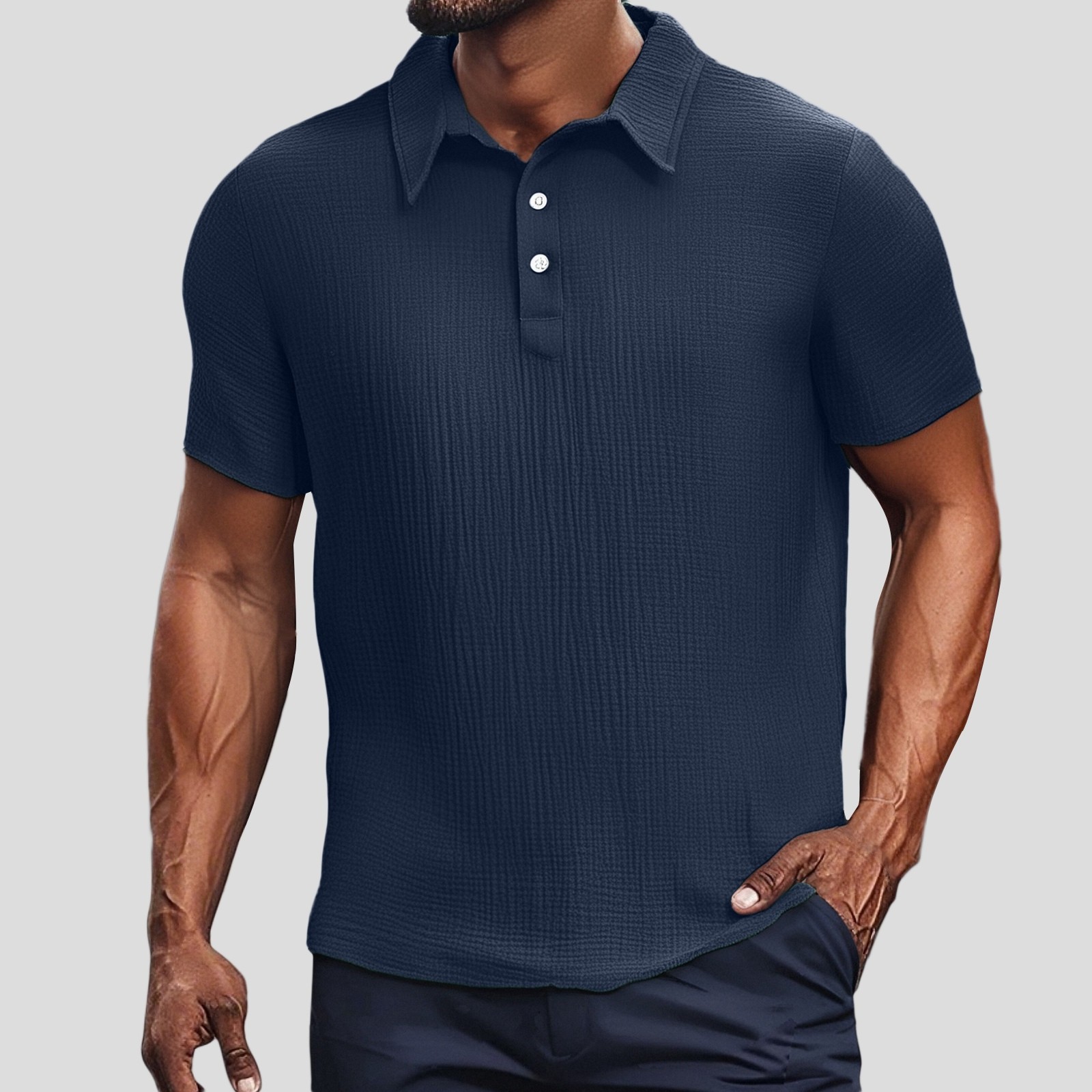 thumbnail image 4 of Camisa informal para hombre: corte holgado de verano, color liso, cuello vuelto, tejido transpirable, fácil cuidado para el uso diario., 4 of 4